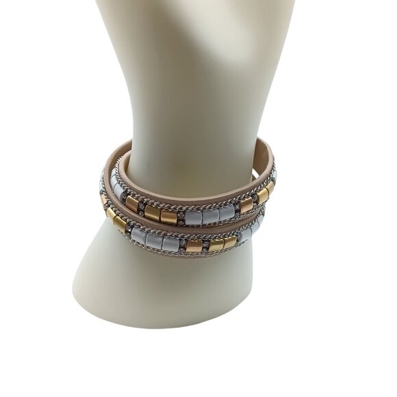 Stella & Dot Tan Leather Cady Wrap Bracelet with Gold & Silver Accents Snap Clos - Picture 3 of 4